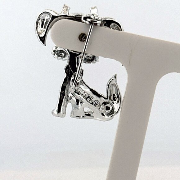 Vintage Silver Tone Dog Brooch Blue Glass Eyes & Enamel Bows Estate 12.6g Pin - Picture 3 of 8